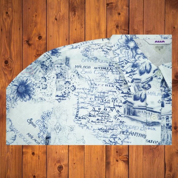 Alia Womens Floral Embroidery White/Blue Button Down Shirt 16 Spain Cities Print - Picture 9 of 9